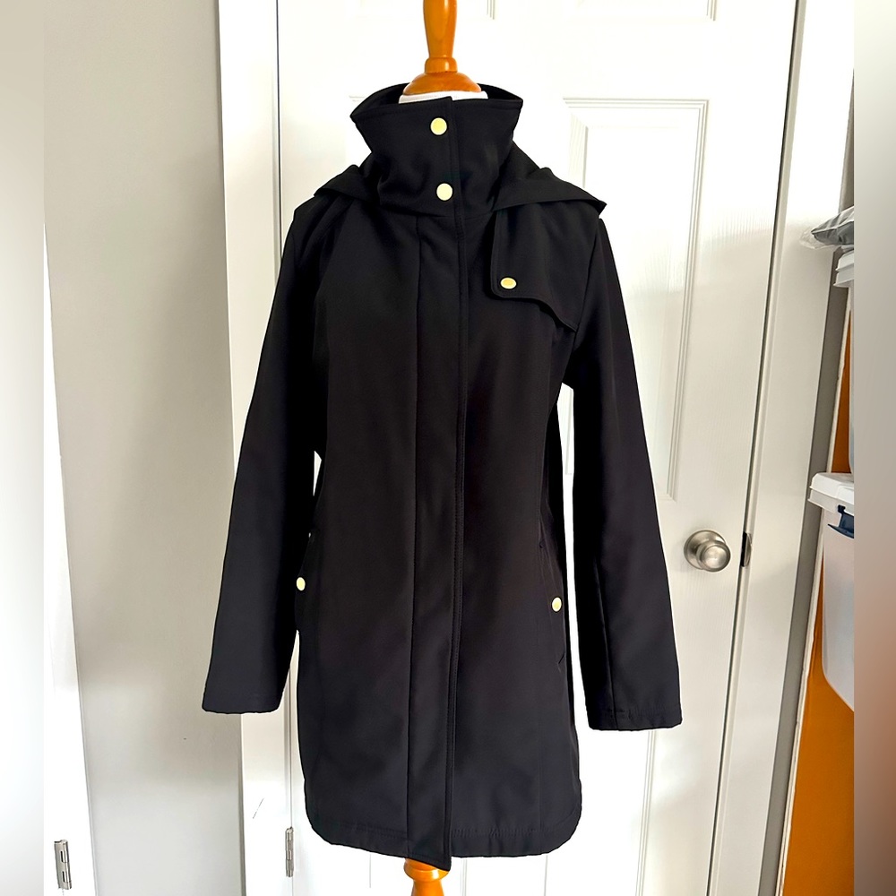 Ellen Tracy hooded full zip black long coat large C3